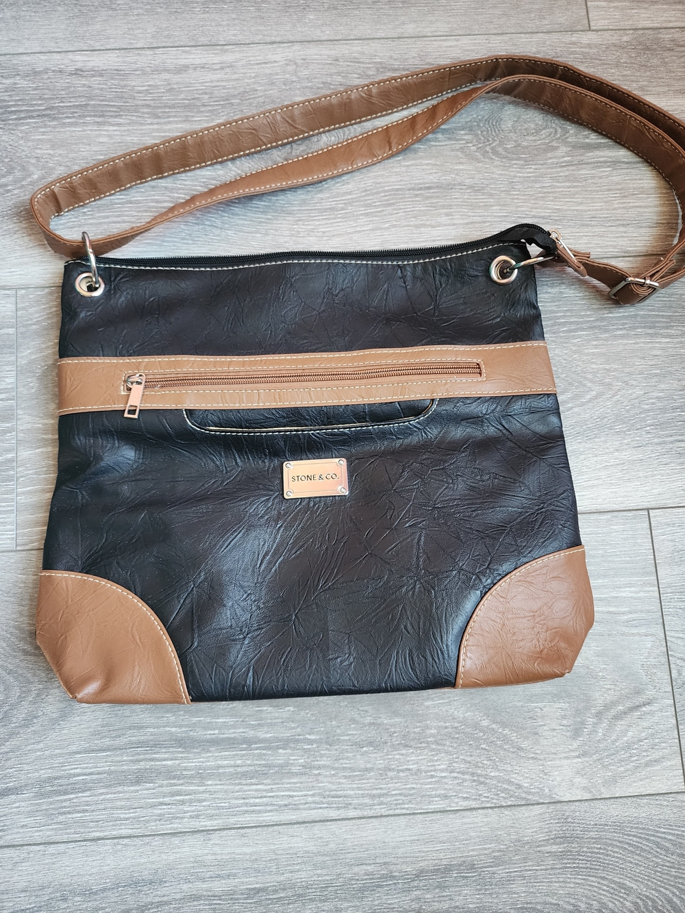 STONE & CO. Two-Tone Black and Tan Vegan Leather Crossbody Bag